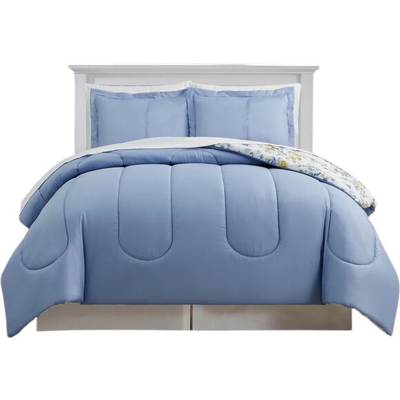 Sunham Kinsely 8 Pc Reversible Comforter Set Blue Floral Queen - Picture 2 of 7